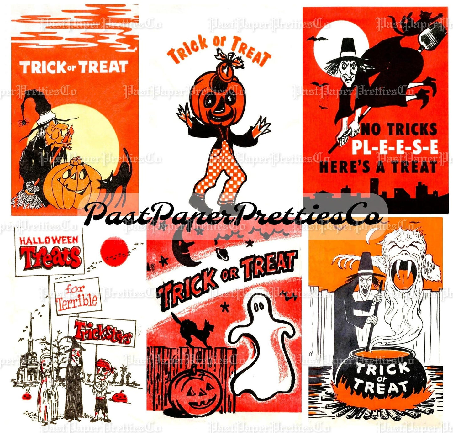 Vintage Halloween Printable Trick or Treat Bags Collage Cards Retro Images PDF Instant Digital Download Retro Loot Goodie Bag Clip Art