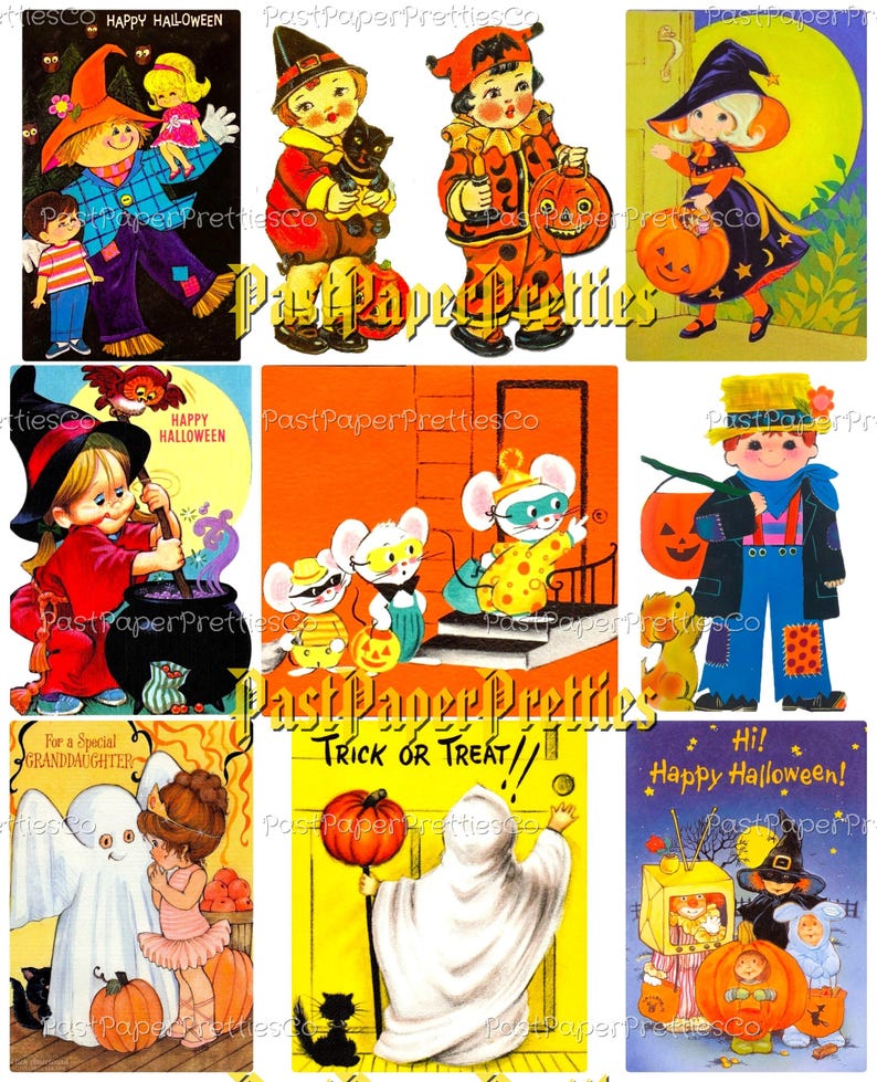 Vintage Halloween Printable CUTE Trick Or Treaters Collage Cards Retro Mid Century Children Images PDF Instant Digital Download 2 Sizes