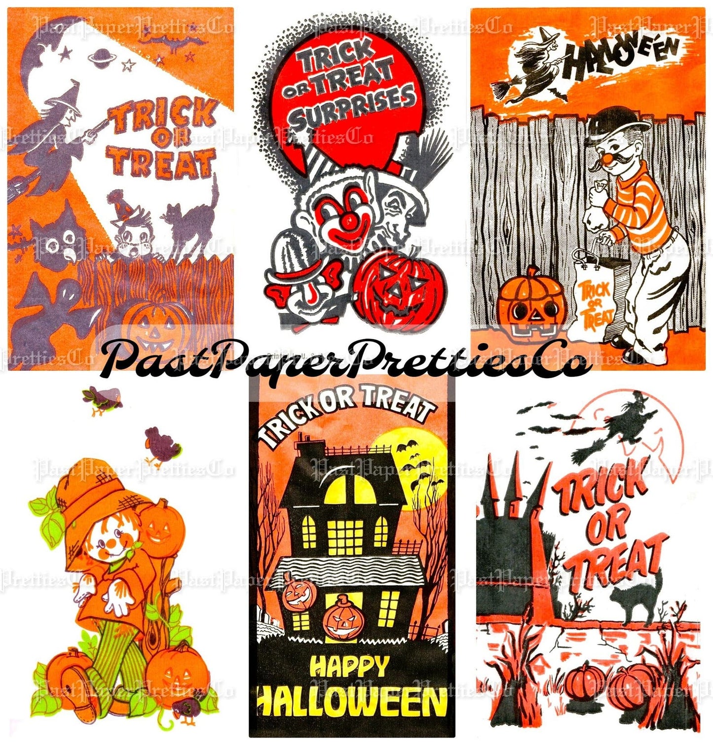 Vintage Halloween Printable Trick or Treat Bags Collage Cards Retro Images PDF Instant Digital Download Retro Loot Goodie Bag Clip Art
