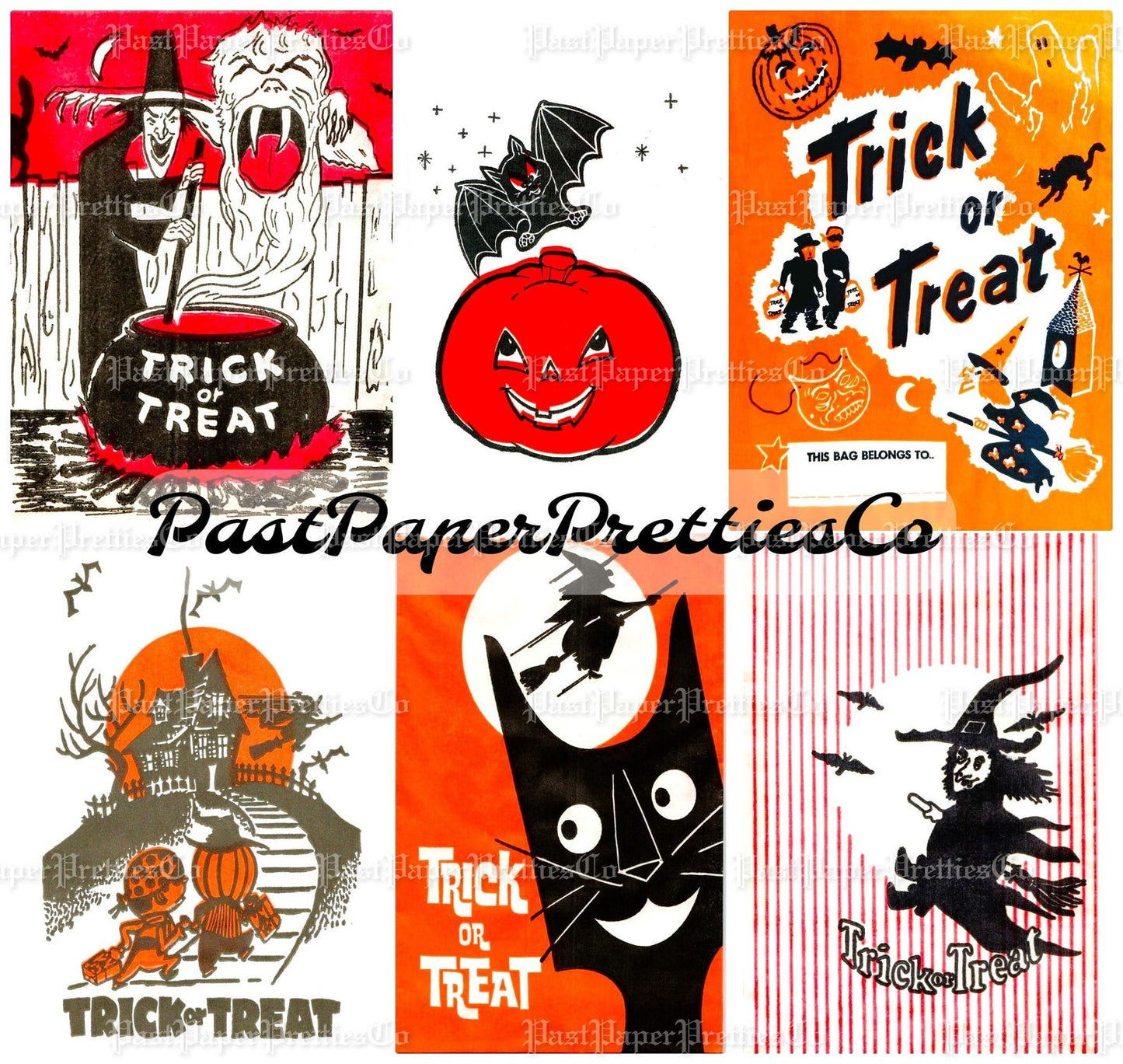 Vintage Halloween Printable Trick or Treat Bags Collage Cards Retro Images PDF Instant Digital Download Retro Loot Goodie Bag Clip Art