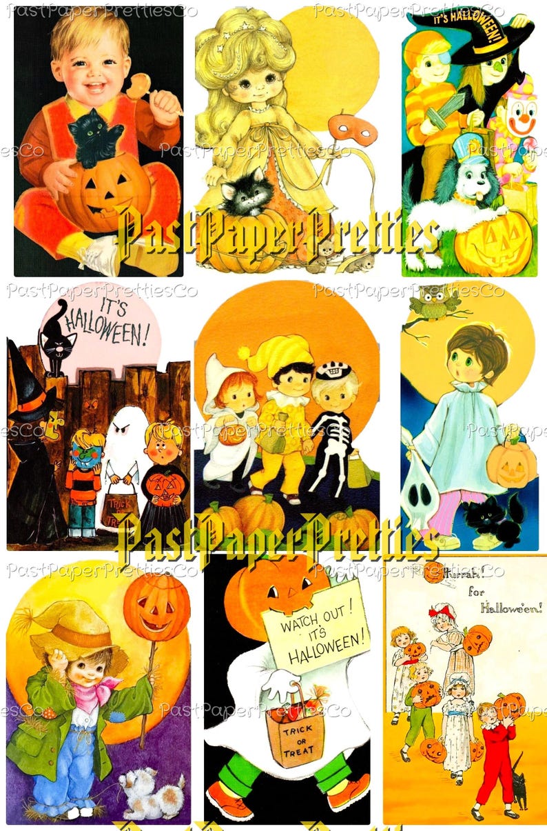 Vintage Halloween Printable CUTE Trick Or Treaters Collage Cards Retro Mid Century Children Images PDF Instant Digital Download 2 Sizes