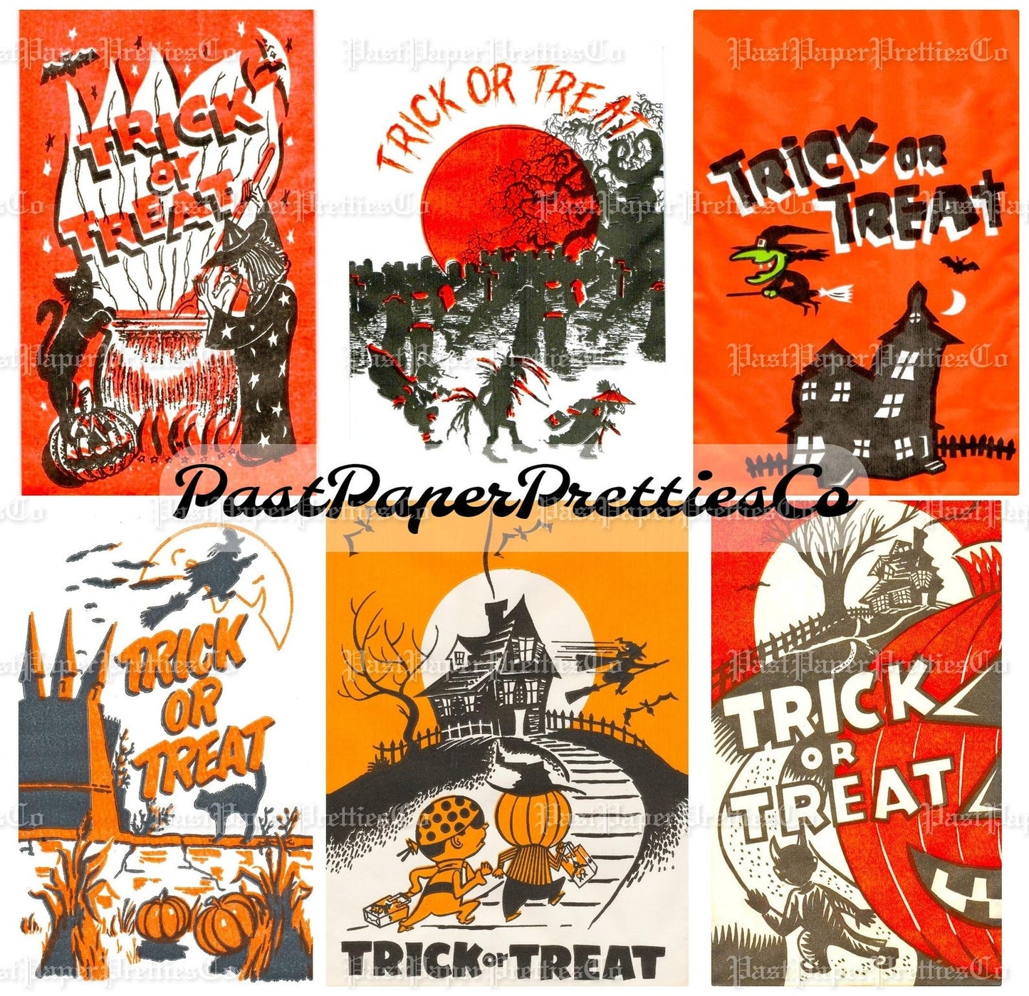 Vintage Halloween Printable Trick or Treat Bags Collage Cards Retro Images PDF Instant Digital Download Retro Loot Goodie Bag Clip Art