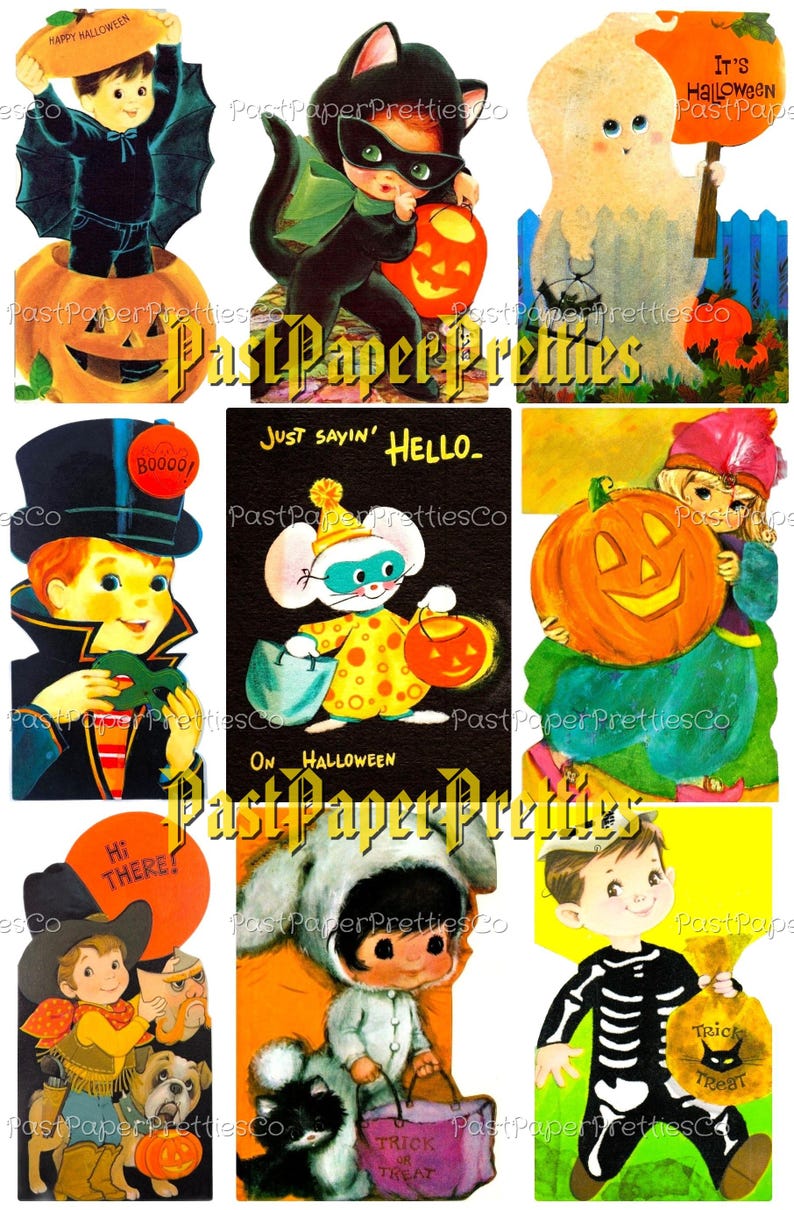 Vintage Halloween Printable CUTE Trick Or Treaters Collage Cards Retro Mid Century Children Images PDF Instant Digital Download 2 Sizes