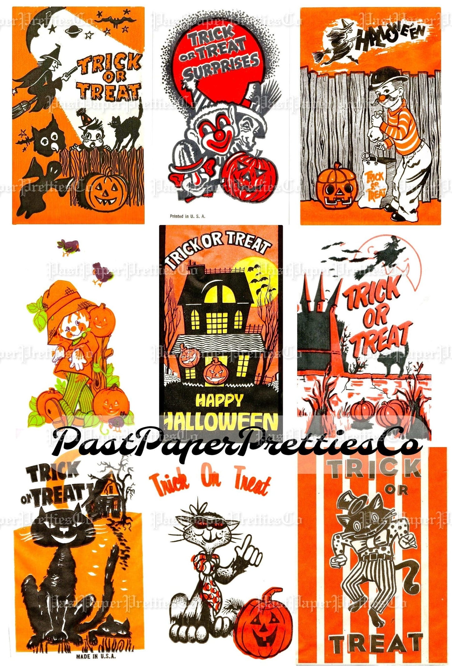 Vintage Halloween Printable Trick or Treat Bags Collage Cards Retro Images PDF Instant Digital Download Retro Loot Goodie Bag Clip Art