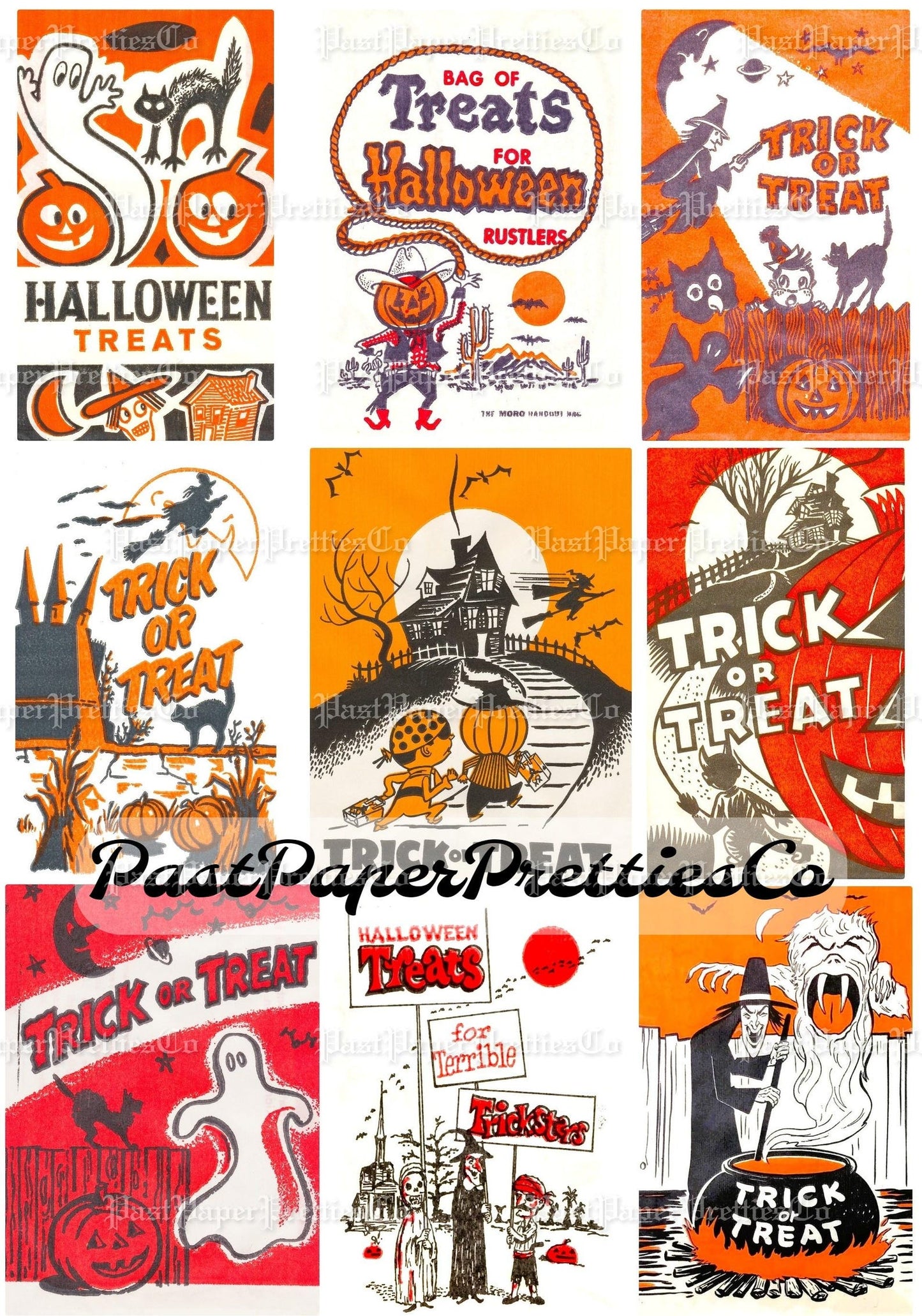 Vintage Halloween Printable Trick or Treat Bags Collage Cards Retro Images PDF Instant Digital Download Retro Loot Goodie Bag Clip Art