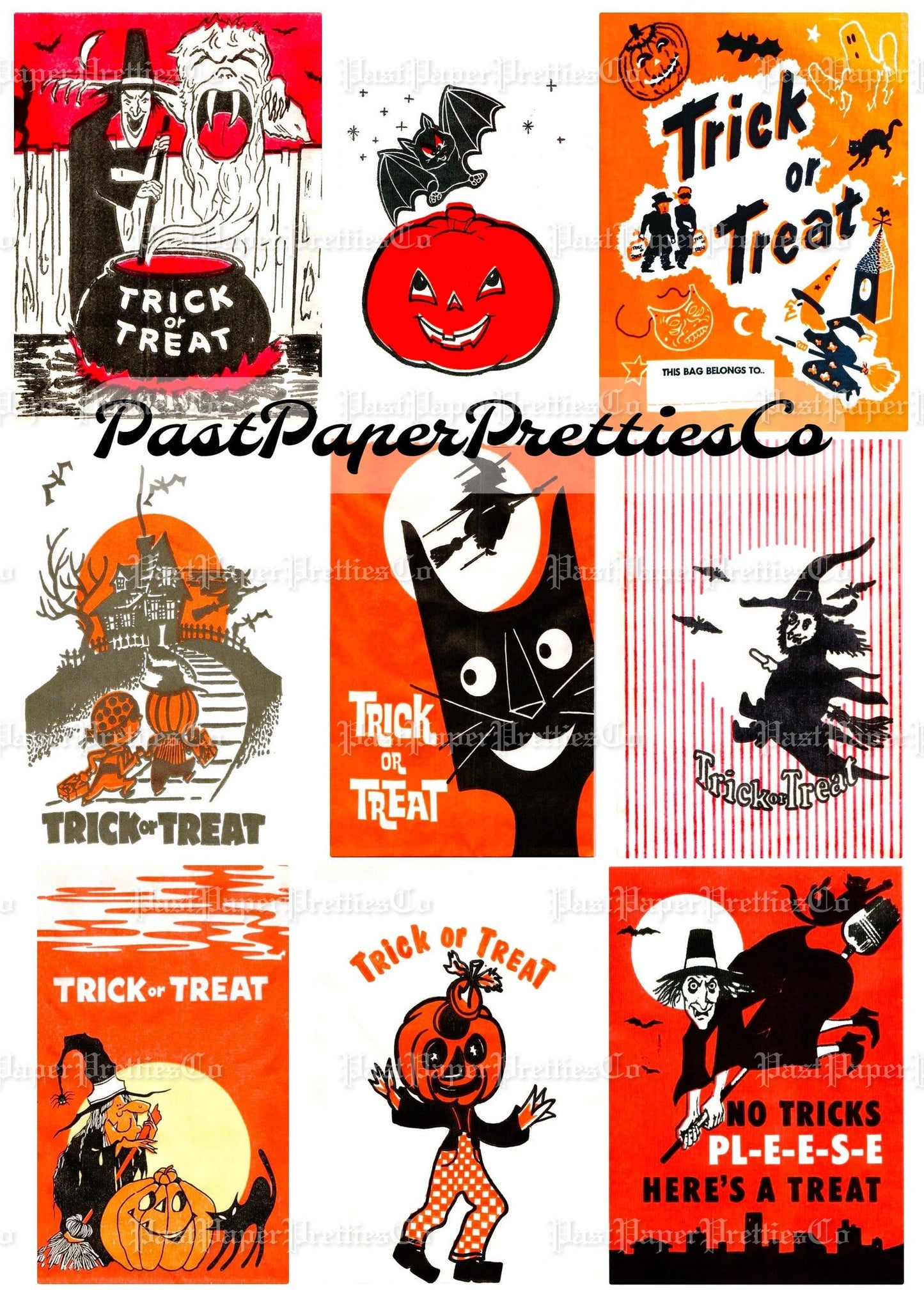 Vintage Halloween Printable Trick or Treat Bags Collage Cards Retro Images PDF Instant Digital Download Retro Loot Goodie Bag Clip Art