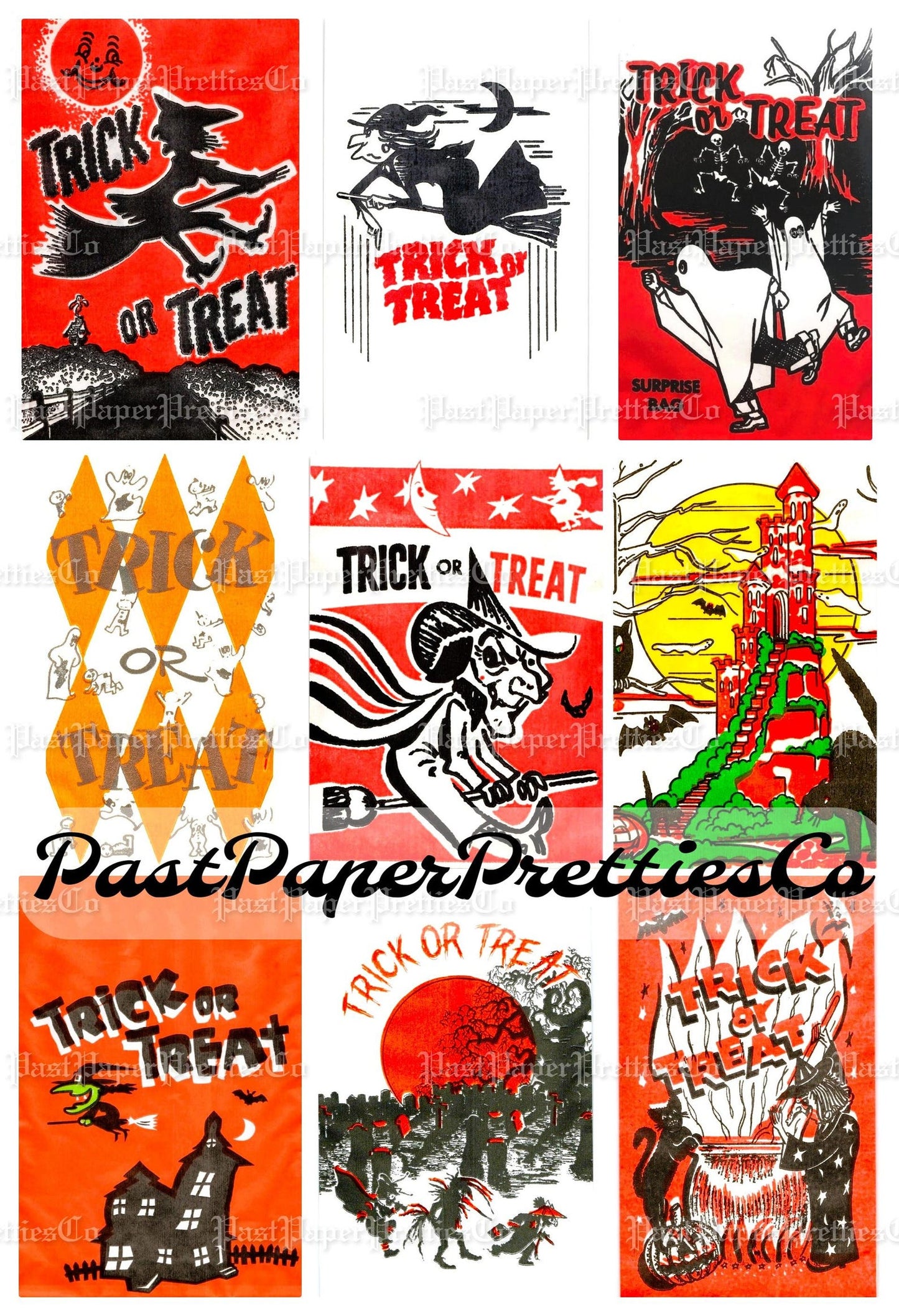 Vintage Halloween Printable Trick or Treat Bags Collage Cards Retro Images PDF Instant Digital Download Retro Loot Goodie Bag Clip Art