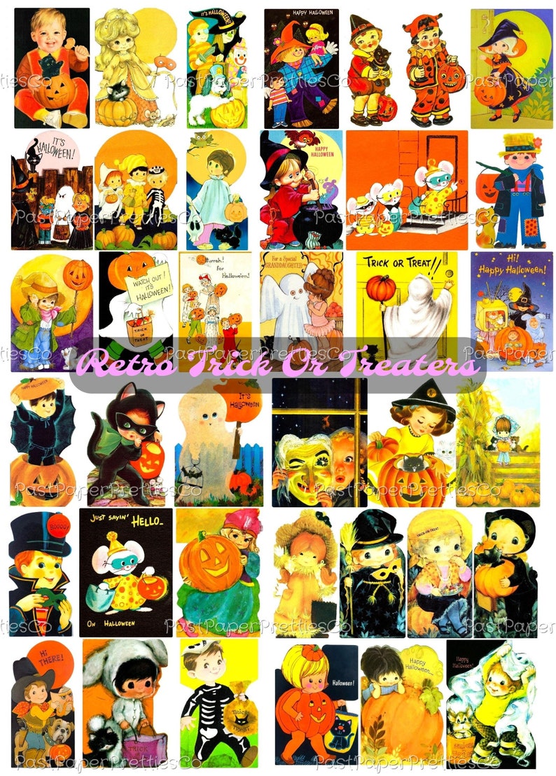 Vintage Halloween Printable CUTE Trick Or Treaters Collage Cards Retro Mid Century Children Images PDF Instant Digital Download 2 Sizes