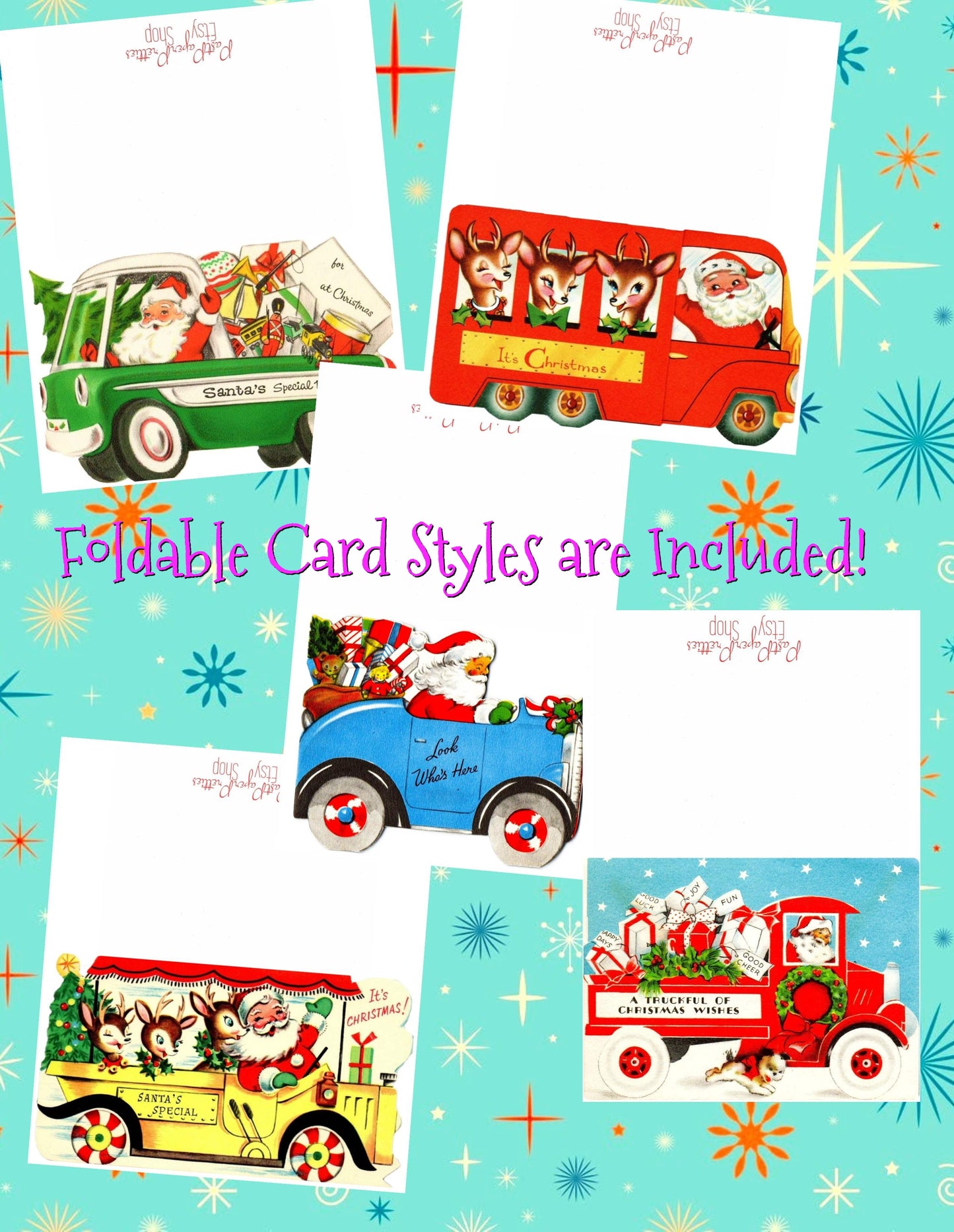 Vintage Printable Santas Special Delivery Vehicles Christmas Cards PDF Instant Digital Download Kitsch Mid Century Car Truck Bus Images