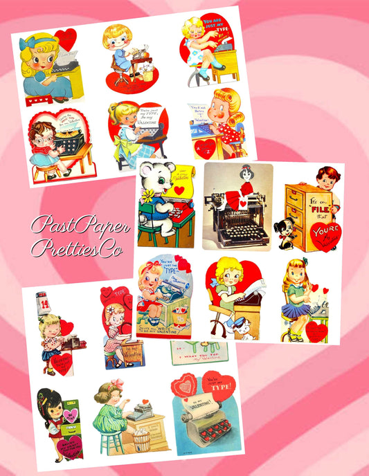 Vintage Secretary Valentines Cute Typewriters Themed Cards Collage Sheets Printable PDF Instant Digital Download Happy Valentines Day