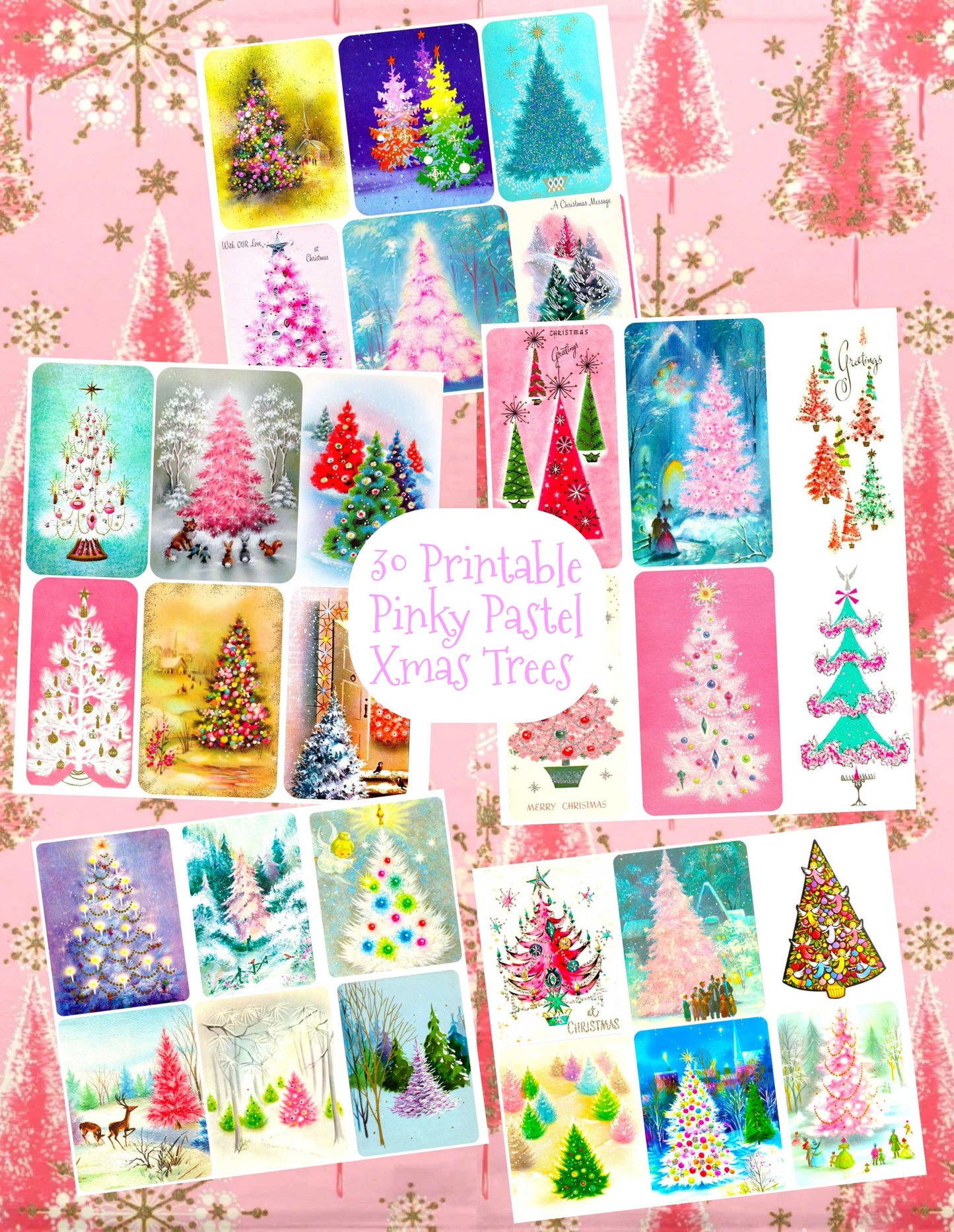 Vintage Printable Retro Pink Pastels Christmas Tree Card Images Collage Sheets PDF Instant Digital Download MCM Mod Mid Century Kitschmas