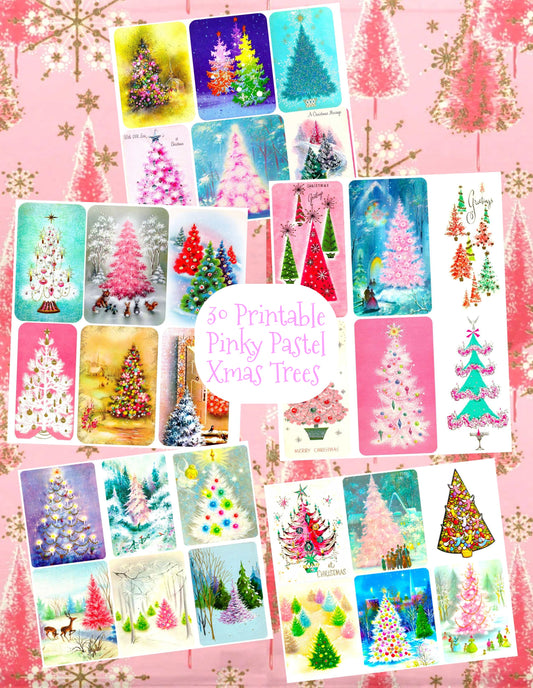 Vintage Printable Retro Pink Pastels Christmas Tree Card Images Collage Sheets PDF Instant Digital Download MCM Mod Mid Century Kitschmas