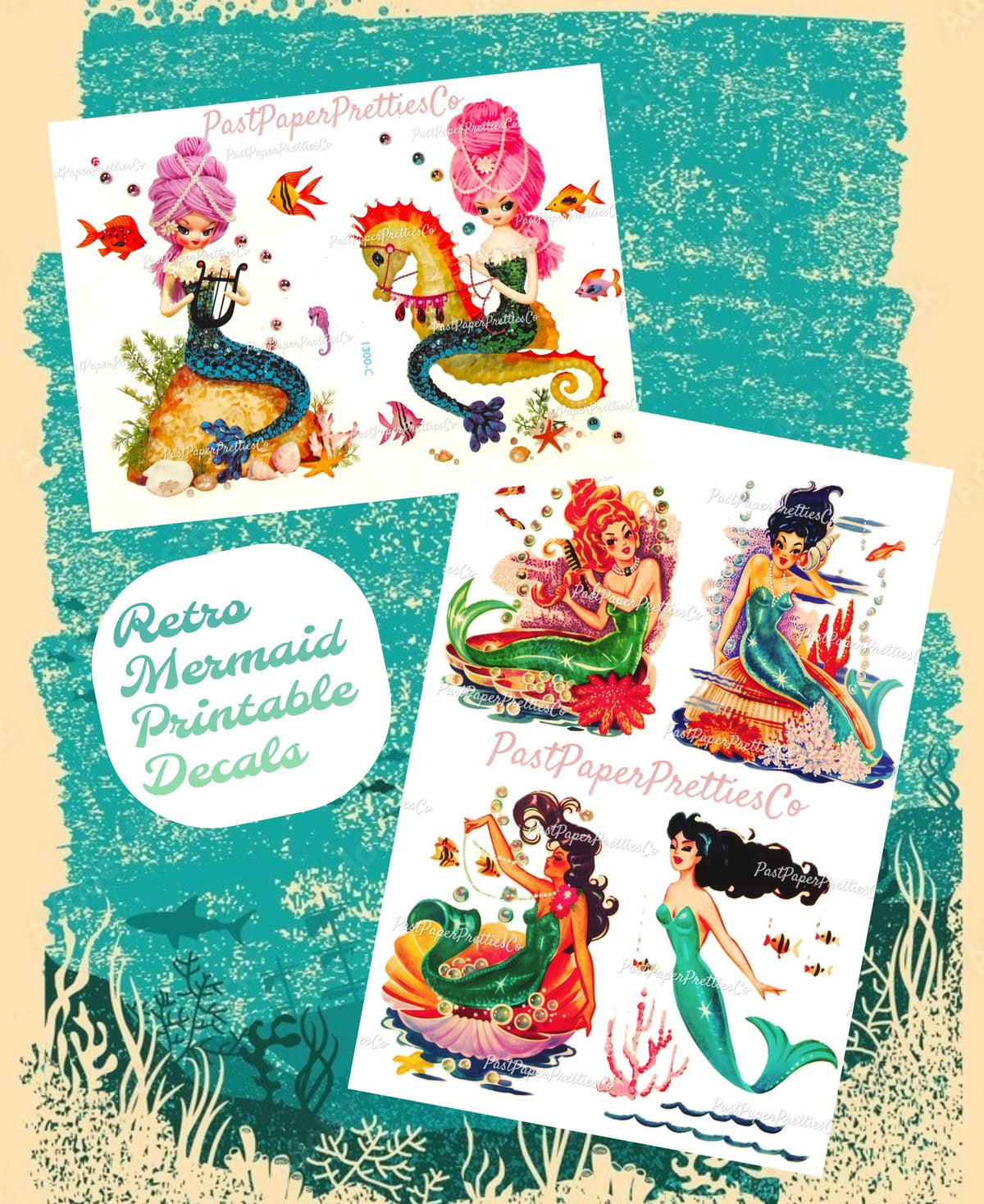 Vintage Printable Mermaids Decal Images Two Sheet Set PDF Instant Digital Download Under The Sea Art Clipart