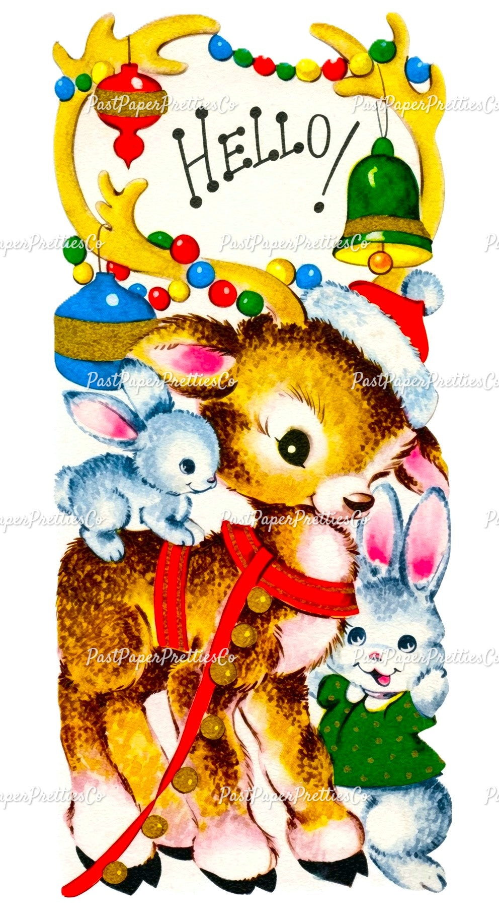 Vintage Printable Baby Christmas Deer and Bunny Friends Card Image PDF Instant Digital Download Kitsch Holiday Reindeer Clipart JPEG PNG