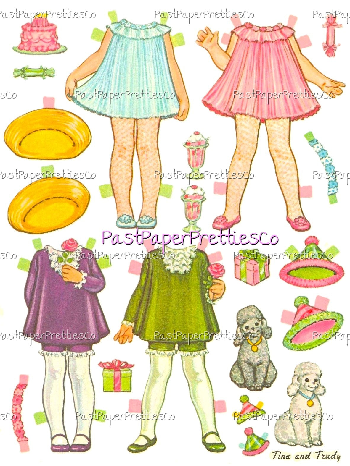 Vintage Paper Dolls Tina and Trudy Twin Dolls with Matching Wardrobes 1967 Printable PDF Instant Digital Download Cute Little Girls