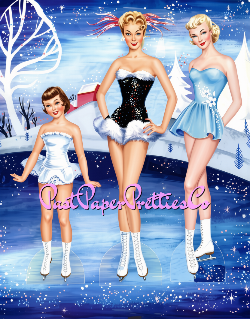 Vintage Paper Dolls Pretty Figure Skaters Ice Festival 1957 Printable PDF Instant Digital Download Figure Skating Clipart